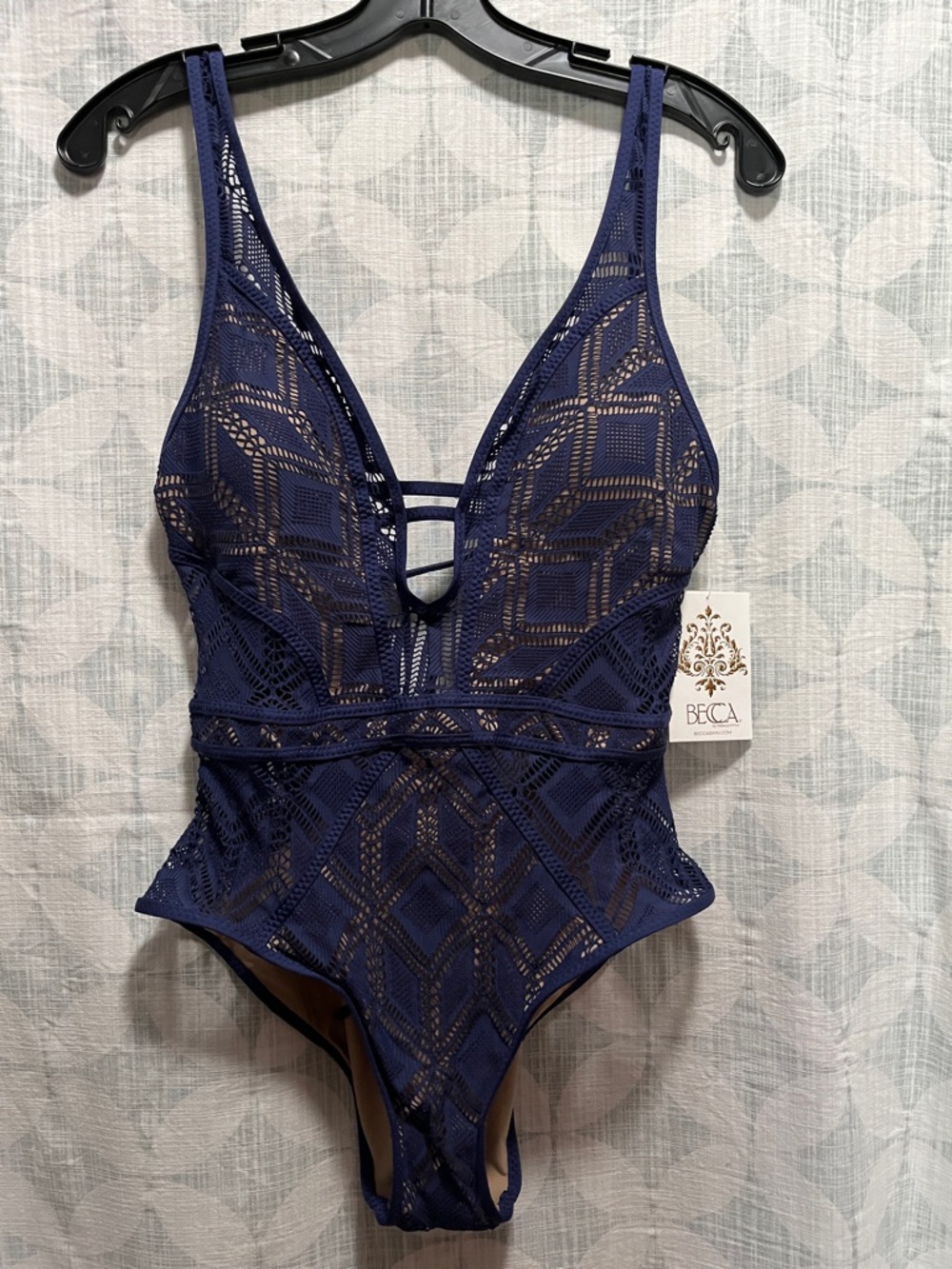 BECCA Navy Geometric Lace One-Piece Swimsuit - Picture 2 of 4